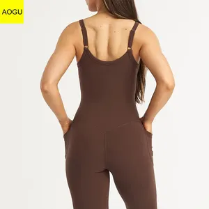 Women Pockets Romper Full Length Flare Pants 1 Piece Yoga Fitness Adjustable Jumpsuit