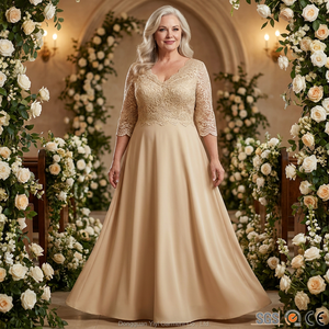 Abito da Madre <span class=keywords><strong>della</strong></span> <span class=keywords><strong>Sposa</strong></span> Personalizzato in Crepe con Pizzo, Scollo a V, Maniche 3/4, Linea A, Vestito Lungo 950GSM OEM, <span class=keywords><strong>Taglie</strong></span> dalla S alla 5XL - Product Image 1
