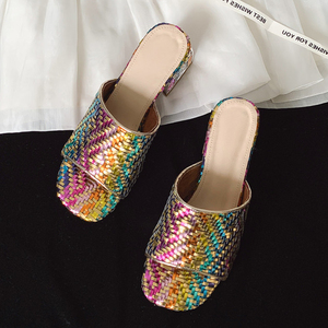Women's Colorful Braided Upper Sandals Open Square Toe Shoes Low Chunky Heels Mixed Rhinestones on Dress Mules - Product Image 4