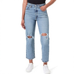 Jeans de Mezclilla de Cintura Alta, Corte Recto, Desgastados, Lavado Claro, Largura al Tobillo, Pantalones Casuales para Mujer, Estilo Vintage, Tela de Algodón - Product Image 1