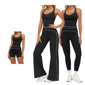 <strong>Women</strong> YOGI U Neck Sports Bra High Waist Shorts <strong>Leggings</strong> Wide Leg Pants Four Piece Set Breathable <strong>White</strong> Line Detail Soft Stretch - Product Image 1