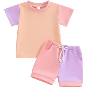 Verano suave bloque de Color niño Casual ropa para niños camiseta pantalones 2 piezas conjuntos de ropa