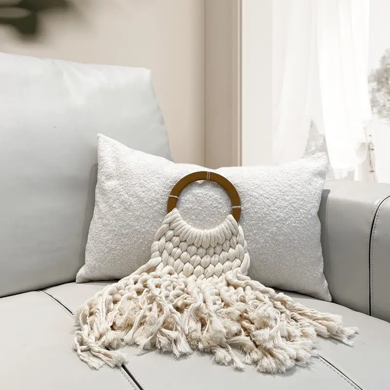 Moderna semplicità colore Beige cotone e lino copricuscino trapuntato con tessitura nappine 12x20 pollici federa lombare per divano