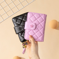 Dompet Pendek Wanita PU Model Lipat Multi-Kartu Berlapis Jahitan, Dompet Koin Modis, Penjepit Uang, Lapisan Poliester, Grosir Lintas Negara