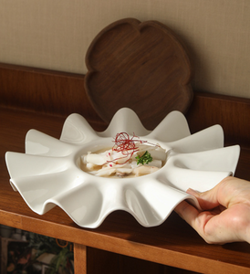 Wave Edge White Porcelain Plate, Unique Flower Shaped Ceramic Serving Plate for Appetizers, <b>Desserts</b> Artistic Food Presentation - Product Image 2