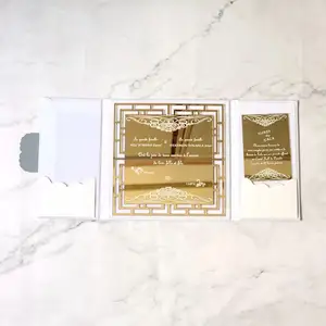 Luxury Gate fold White Velvet Wedding Invitation Folio With Laser Cut Gold Mirror Acrylic Invitations