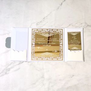 Portone di lusso pieghevole in velluto bianco foglio di invito a nozze con ritaglio Laser oro specchio acrilico inviti - Product Image 1
