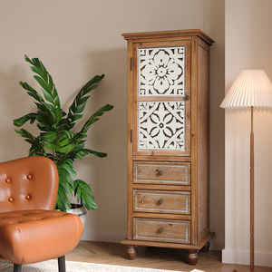 <b>Rustic</b> <b>Wooden</b> Storage Cabinet With Decorative Cutout Door 3 Drawers Tall Narrow Organizer For Living Room Bedroom - Product Image 3