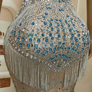 Lüks Denizkızı Yere Kadar Parti Elbisesi Işıltılı Kristal Taşlar Zincirli File Kadınlar İçin Akşam Balo Kırmızı Halı Sahne Kostümü - Product Image 5