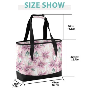 Pink Lily Flowers Print Tote Bag Custom 36 Cans Portable Insulated Cooler Lunch Bag with Shoulder - Product Image 3