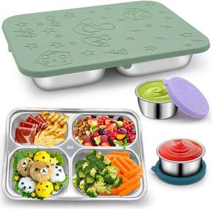 Elegante lonchera cuadrada de acero inoxidable 304 con 4 compartimentos y tapa de silicona, ideal para estudiantes. - Product Image 1