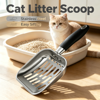 Jusuo Premium Pelle à litière pour chat en acier inoxydable, à mailles fines, robuste, pour un tamisage rapide, ergonomique, antidérapante, pour le nettoyage des excréments des chatons