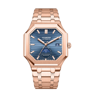 Montre automatique carrée HANBORO en or rose pour homme, avec date, phases de lune, mouvement mécanique, cristal, 10 bars, bracelet en acier inoxydable, style business et habillé