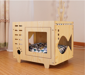 Juego de Casa de gato de dos pisos de madera clásica duradera con 2 cómodas alfombrillas para mascotas - Product Image 4