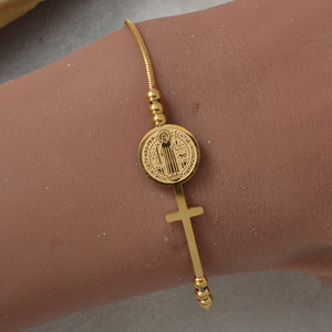 Pulsera minimalista de acero inoxidable 316L con extensor, pequeña bola, cruz, medalla redonda virgen, chapada en oro, venta al por mayor - Product Image 2