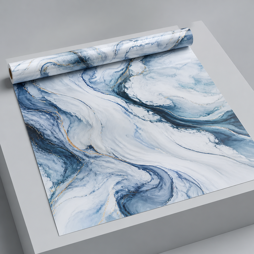 Luxury Blue Liquid Marble Wallpaper Waterproof Gold Veined Self ...