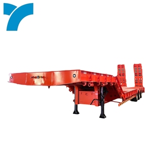 Remolque de plataforma baja de tres ejes para fabricantes, remolque hidráulico para camiones con escalera, semirremolque de acero en venta con valla reemplazable - Product Image 1