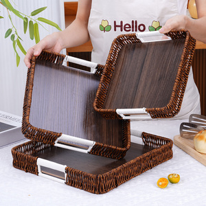 Plateau de service en <span class=keywords><strong>rotin</strong></span> à fond en bois avec poignées, plateau alimentaire empilable en osier pour pain, fruits et cuisine rustique - Product Image 2