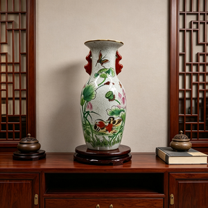 Vase en porcelaine craquelée <span class=keywords><strong>de</strong></span> Jingdezhen, motif lotus et <span class=keywords><strong>canard</strong></span> mandarin, vase en céramique à double anse - Product Image 1