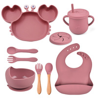 Ensemble d'alimentation pour bébé en silicone 9 pièces avec assiette en forme de crabe, bavoir, gobelet à paille, bol à ventouse, ustensiles |   Vaisselle sans BPA pour les tout-petits