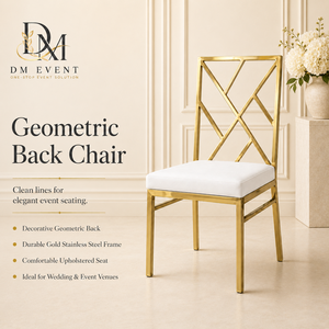 Custom Gold Stainless Steel Geometric Back Wedding Banquet <b>Chair</b> with <b>White</b> Cushion for Hotel and Event Rental - Product Image 1