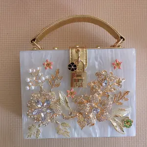 Femmes acrylique fleur strass poignée embrayage sac lang dame fête soirée mariage sac à main mariée sac à main