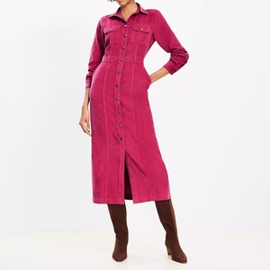 Mini robe élégante en velours côtelé à revers Robe à manches longues avec poche simple boutonnage Robe décontractée à la mode Robe chemise mi-longue en velours côtelé avec poche - Product Image 2