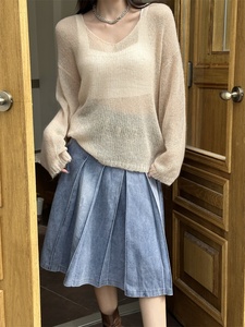 Doux <span class=keywords><strong>fait</strong></span> à la <span class=keywords><strong>main</strong></span> Mohair gluant Ma Haimao femmes décontracté col <span class=keywords><strong>en</strong></span> v <span class=keywords><strong>pull</strong></span> haut Micro Transparent pour le printemps et l'automne - Product Image 5