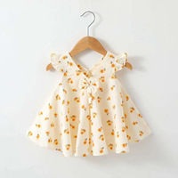 Robe d'été en pur coton pour filles, classe A, avec volants, manches volantées, col en V, nœud, imprimé floral, sans manches, style princesse, pour bébés et tout-petits
