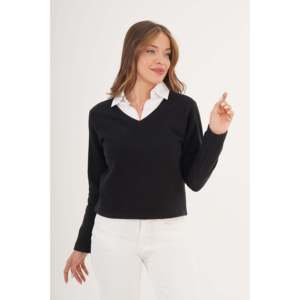Chemise élégante en tricot noir pour femme avec col contrastant, idéale pour le bureau - Product Image 6