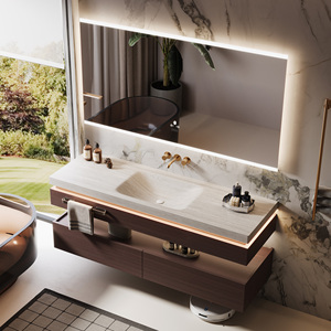 Meuble-lavabo flottant classique en bois massif, style luxe naturel, avec vasque en pierre frittée et armoire miroir LED intelligente - Product Image 3