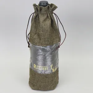 Wholesale Custom Jute Organza See Through Window Gift Drawstring Bag For Red Wine Bottle