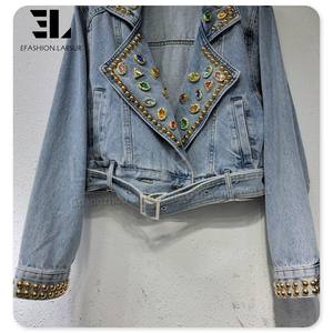 LARSUR Denim Factory strass borchiato di perle di cristallo gioielli in Denim <span class=keywords><strong>giacca</strong></span> da donna motociclista <span class=keywords><strong>moto</strong></span> signore giacche di jeans femminili - Product Image 3