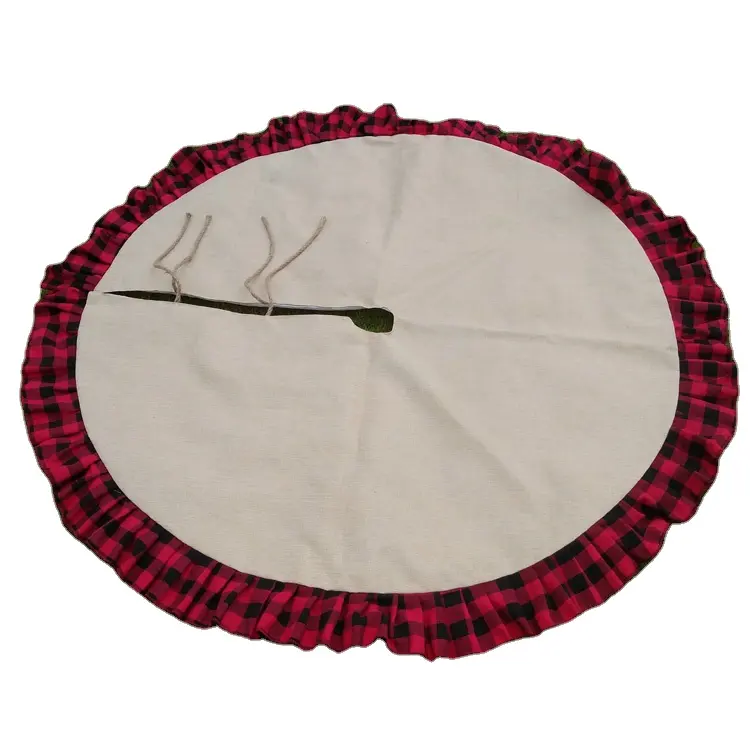 Wholesale Ready to Ship Round Sublimation Burlap Linen Buffalo Plaid Christmas Tree Skirt 48 Inch Xmas tree mat With Wood Button