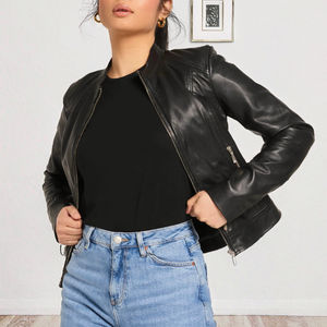เสื้อแจ็คเก็ตหนังแกะแท้สำหรับผู้หญิง ฤดูหนาว 2025 สไตล์นักขี่มอเตอร์ไซค์ ทรงเข้ารูป กันลม กันน้ำ ซิปด้านหน้า คอจีน - Product Image 3