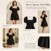 Robe courte élégante pour femme, col carré noir, manches bouffantes, taille smockée, mode quotidienne écologique