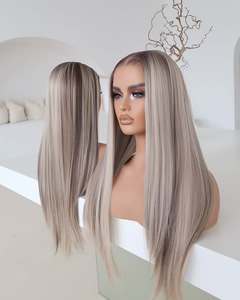 Parrucche con Frontale in Pizzo di <span class=keywords><strong>Capelli</strong></span> Umani per Donne, con Riflessi Grigio Cenere, Biondo e Marrone, Lisce, con Frontale in Pizzo Trasparente 13x4, Lunghezza 10-24 Pollici - Product Image 1