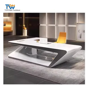 Modern solid surface L shape white blue manager office desk with return open front lacquered office furniture