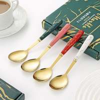 Cuillère de table coréenne à long manche, ensemble cadeau, motif marbré, en porcelaine avec manche en acier inoxydable