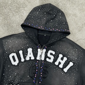 Heavyweight French Terry Breathable Rhinestone Embroidery <b>Zipper</b> <b>Hoodie</b> Streetwear Distressed Acid Wash Oversized Men Hoodies - Product Image 3