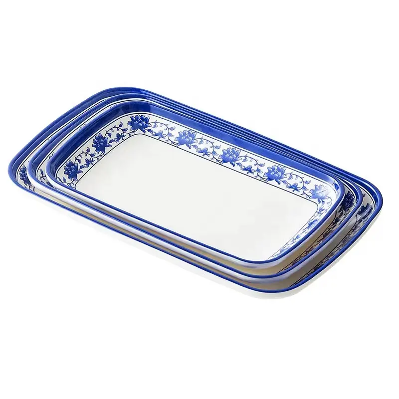 Blue and White Rectangular Melamine Dining Plate Set for New Chinese Hotel Restaurant