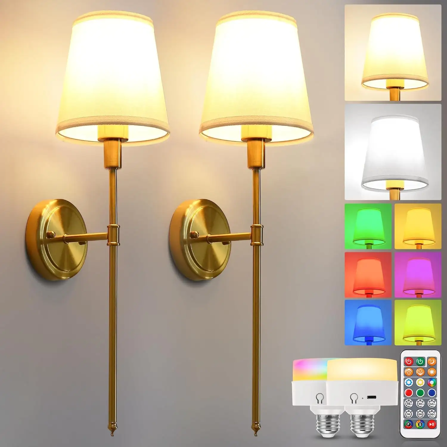 LOHAS Gold Battery Operated Wall Sconce Set Classic Wall Light Fixtures Hotel Bedside Wall Lamps With Remote Control