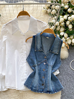 Ensemble 3 pièces en jean style preppy pour femme : chemise à manches longues et col, gilet ajusté et mini-jupe plissée – Collection Automne