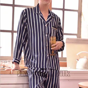100% pure silk Summer Men Silk Pajamas sets home gift sleep wear long sleeve