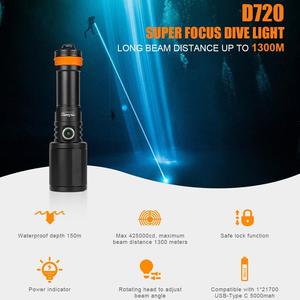 Orcatorch D720 Siêu Tập Trung Lặn Đèn Pin Max Chùm Khoảng Cách 1300 Mét Dưới Nước <span class=keywords><strong>Torch</strong></span> Ánh Sáng Không Thấm Nước Cho Scuba Công Nghệ Lặn - Product Image 2