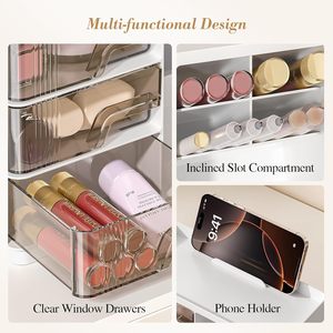 STELLAR Boîte de rangement de maquillage moderne en plastique rectangulaire à 3 couches moulée par injection HIPS+PS, tiroir de bureau rotatif - Product Image 2