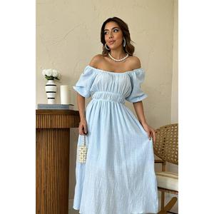 Vestido de lino azul claro con hombros descubiertos, cintura natural, corte holgado, transpirable, informal, para mujer - Product Image 3