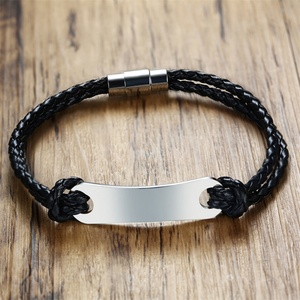 Mens <b>Leather</b> Magnet <b>Bracelets</b> Stainless Steel Custom Engraving Blank bar <b>Bracelet</b> - Product Image 3