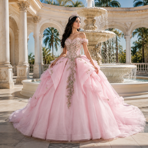 261019 Exquisite <b>Pink</b> <b>Tassel</b> Quinceanera Ball Gown <b>Dress</b> Golden Lace Beading Crystal Natural Waistline Chapel Train Party - Product Image 1