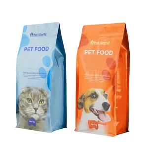 Customized Smell proof Quad Side Seal Stand Up Flat Bottom Dog Pet Food Packaging Carrier Bag